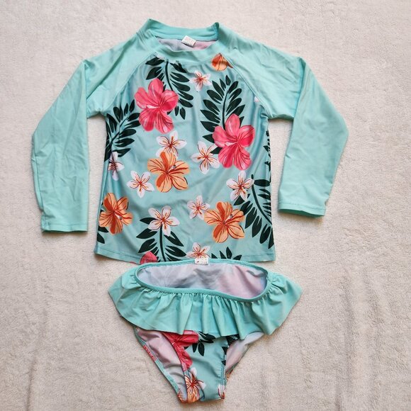 Girls Two Piece Swim Suit Floral Tropical Rash Guard UV Protection - Picture 1 of 11